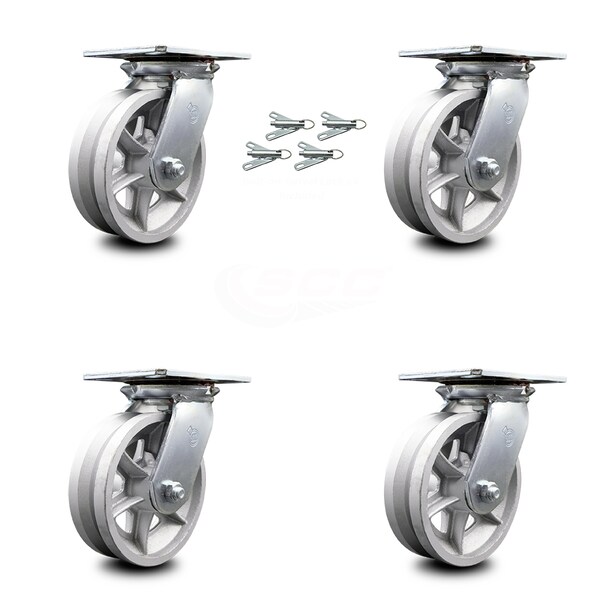 6 Inch V Groove Semi Steel Caster Set with Ball Bearings and Swivel Locks SCC